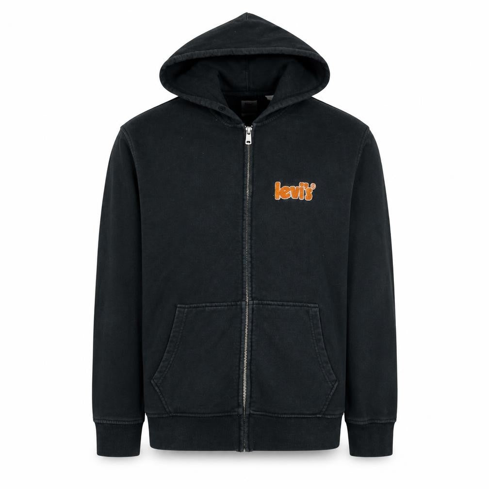 Front view of Levi's Men's Black Full Zip Hooded Sweatshirt, size S, Relaxed Fit