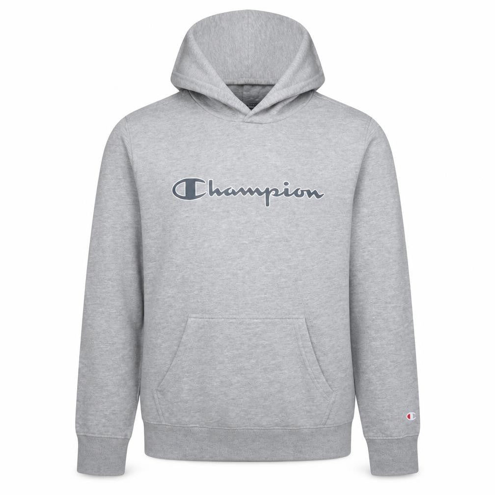Front view of Champion Men's Grey Medium Pullover Hoodie with Logo