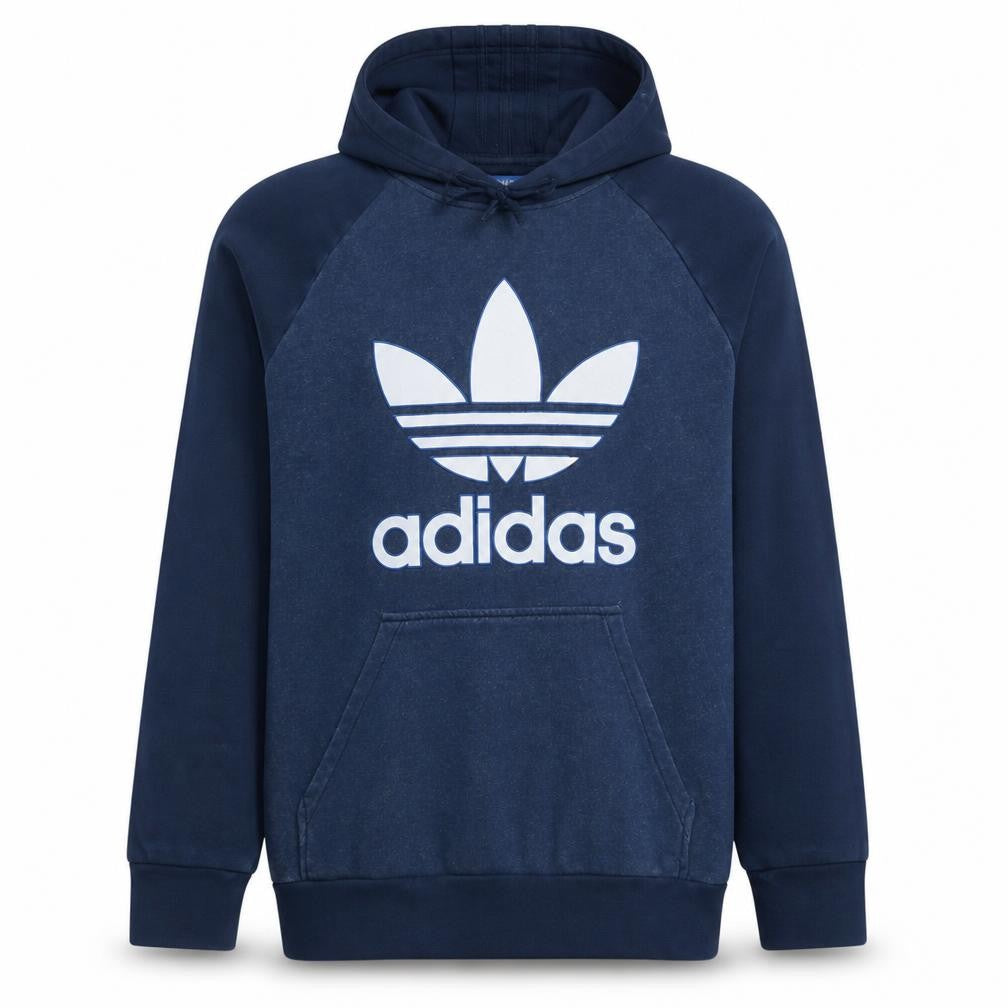 Front view of Adidas Men’s Blue Pullover Hoodie, size M, Fleece Logo Sweatshirt