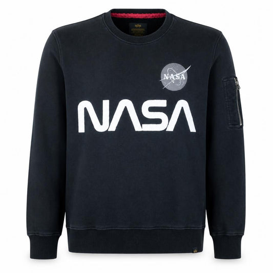 Front view of Alpha Industries Men’s Black NASA Logo Pullover Sweatshirt L