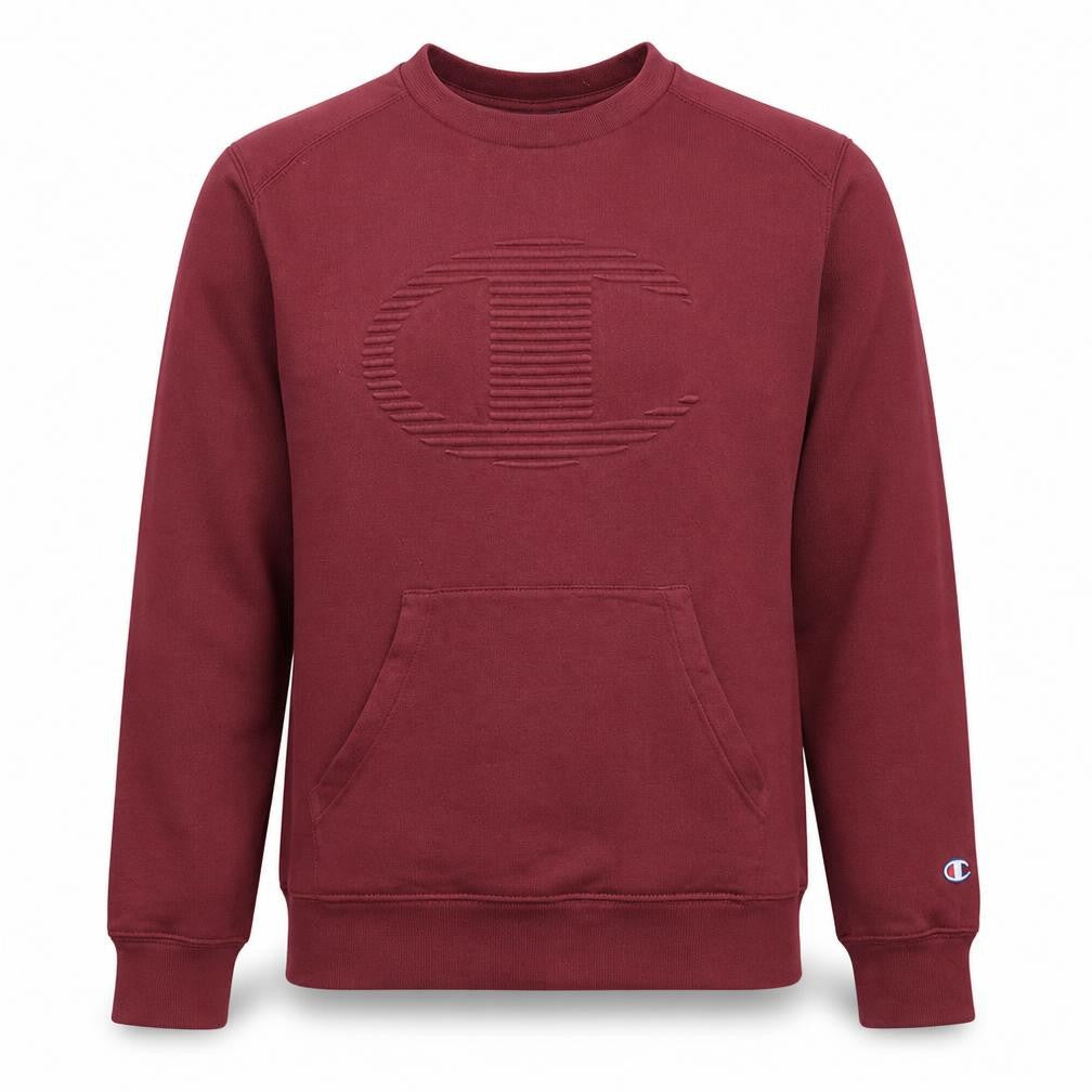 Front view of Champion Men’s Red Pullover Sweatshirt, size L, Logo Embroidered Fleece