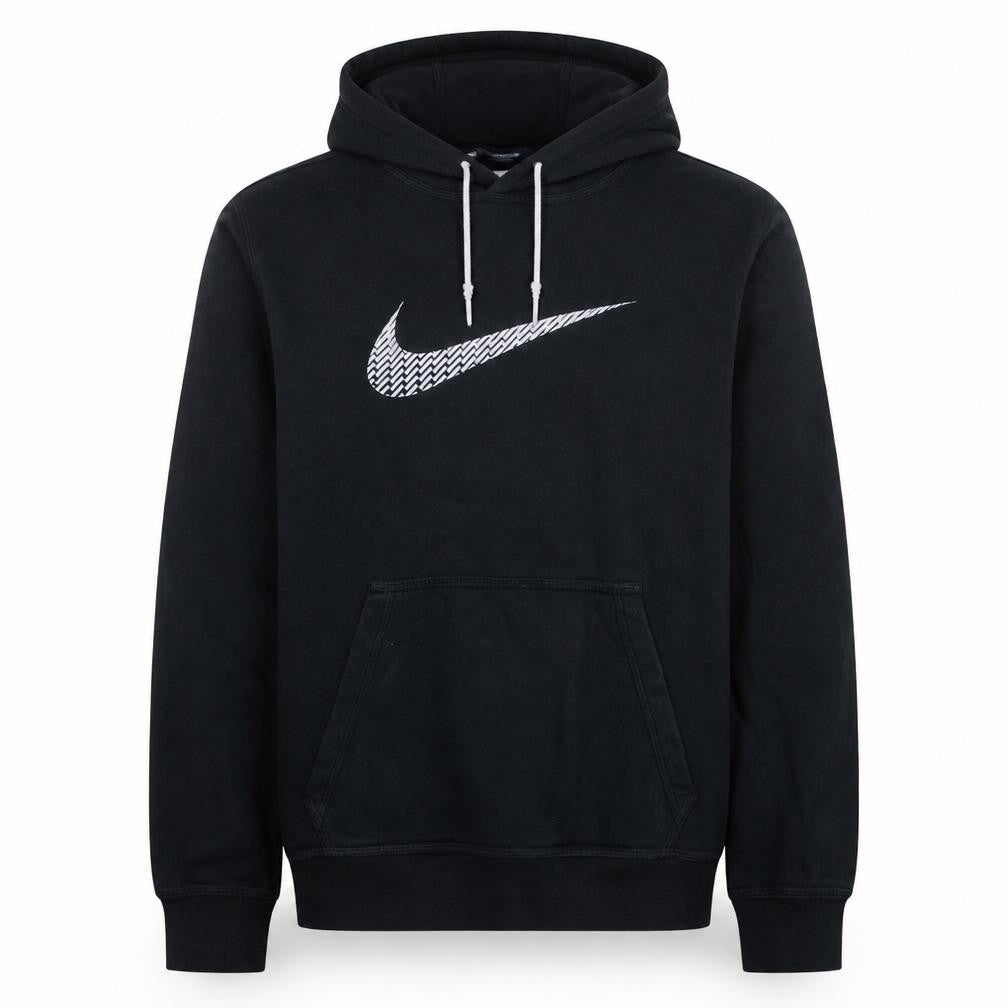Front view of Nike men’s black medium pullover hoodie with logo graphic print