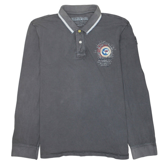 Napapijri Men's Grey Long Sleeve Polo Shirt Size L Cotton Embroidered