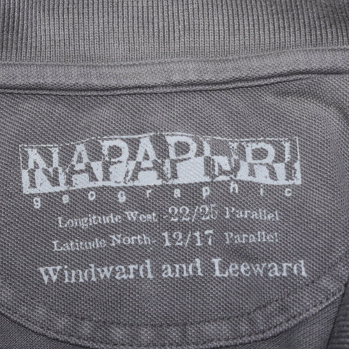 Napapijri Men's Grey Long Sleeve Polo Shirt Size L Cotton Embroidered