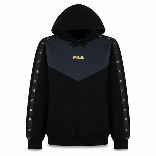 Front view of Fila women’s black large pullover hoodie with logo and tape detail