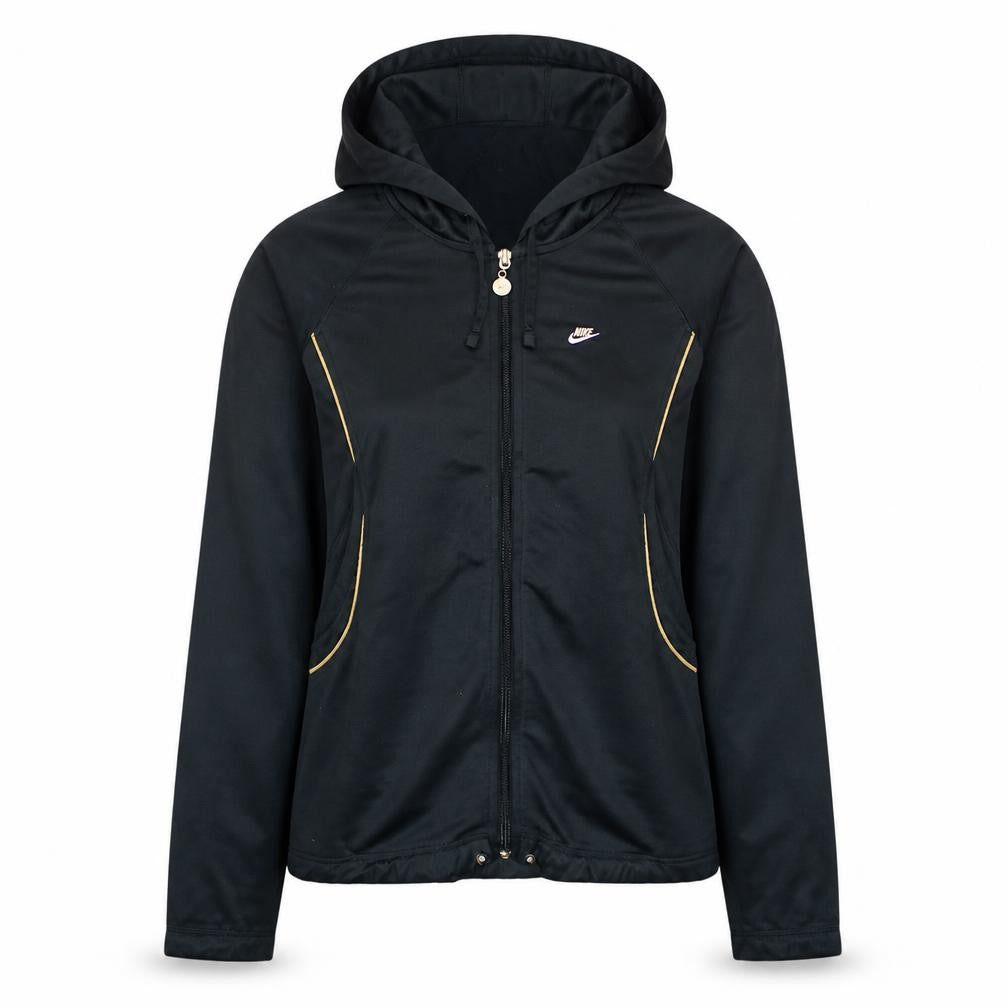 Front view of Nike women’s black full zip hooded sweatshirt m 10 polyester blend