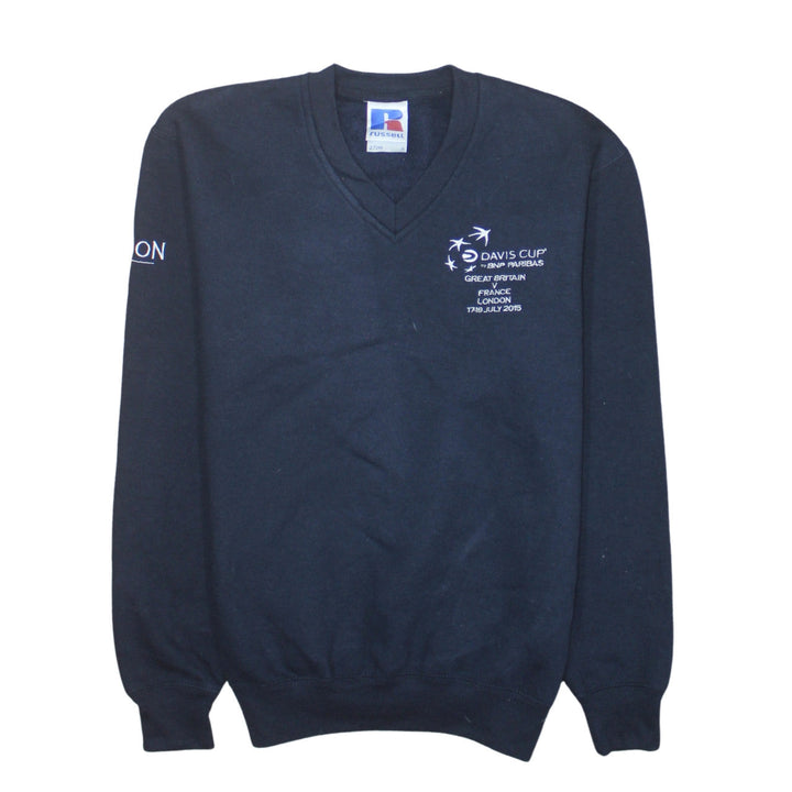 Russell Men's Black V-Neck Pullover Sweatshirt S Embroidered Davis Cup Logo