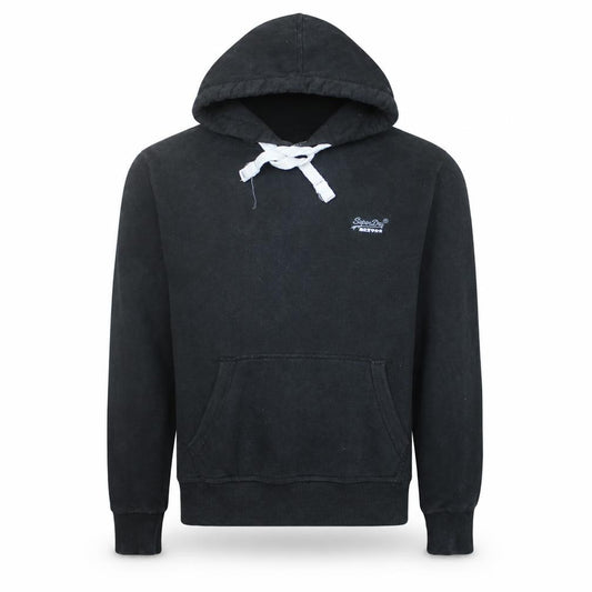 Front view of Superdry Men's Black Pullover Hoodie, size S, Classic Fleece Hooded Sweatshirt