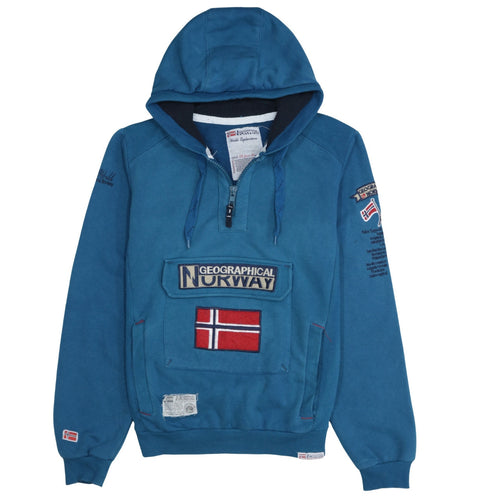 Geographical Norway Men's Blue L 1/2 Zip Hooded Sweatshirt
