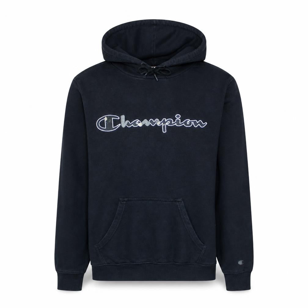 Front view of Champion Men's Black Pullover Hoodie Small Logo Fleece Sweatshirt