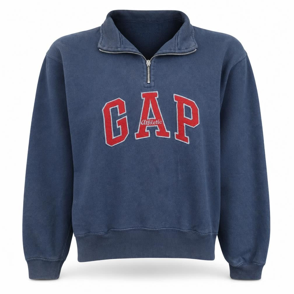 Front view of Gap Women Navy Blue 1/4 Zip Athletic Logo Sweatshirt, size S