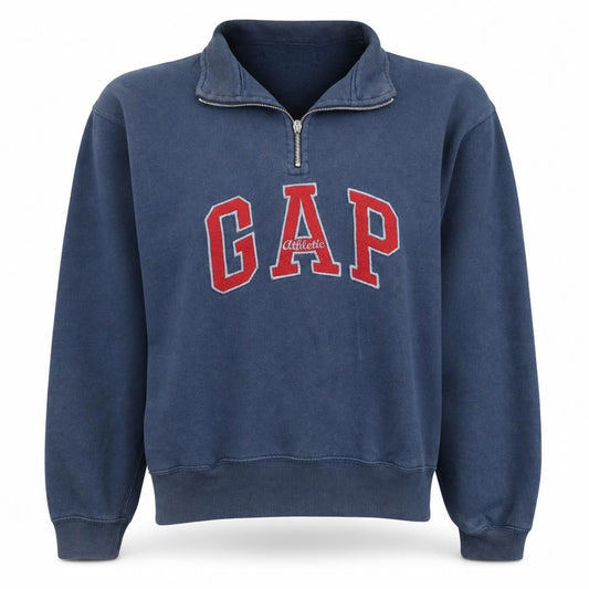 Front view of Gap Women Navy Blue 1/4 Zip Athletic Logo Sweatshirt, size S