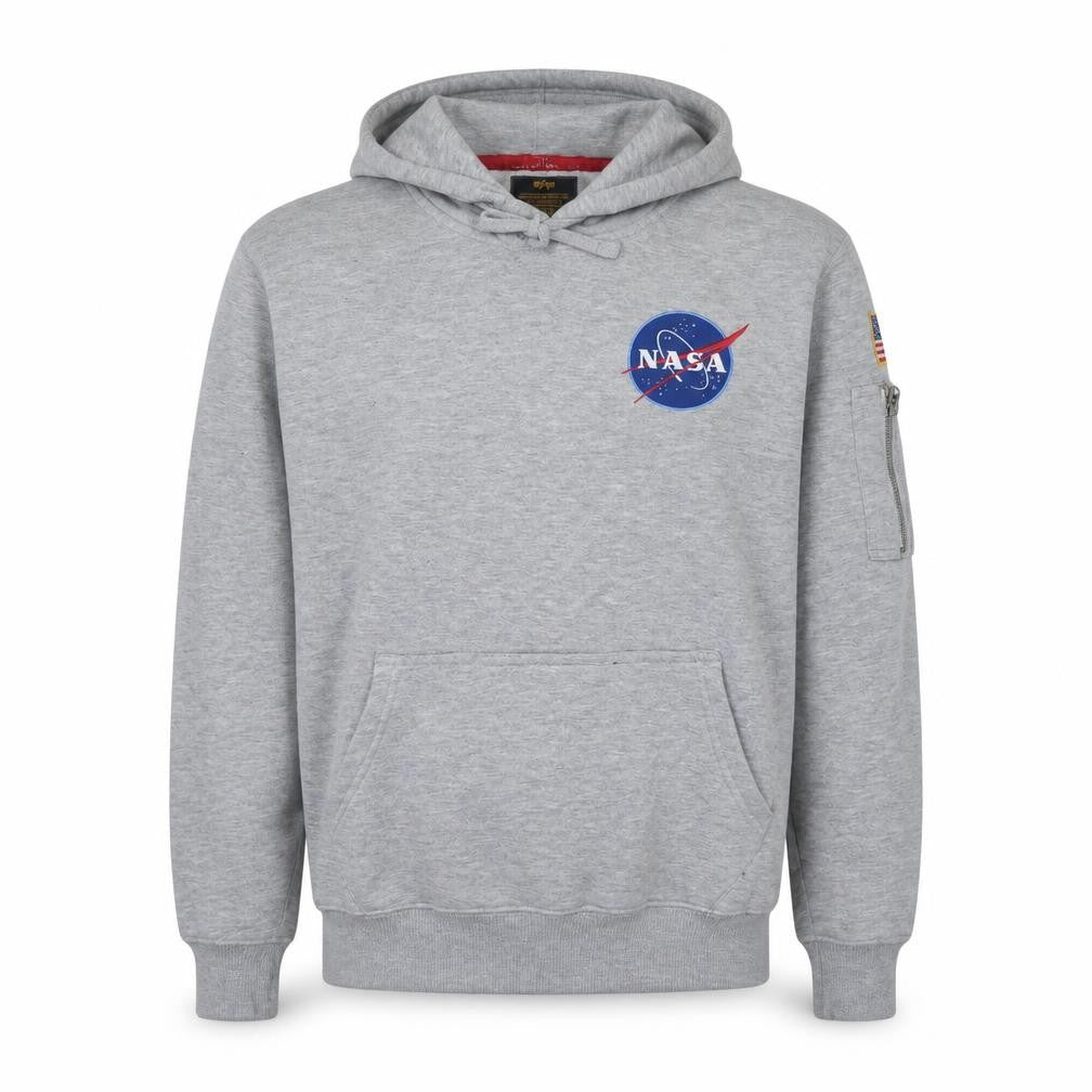 Front view of Alpha Industries Men’s Grey NASA Pullover Hoodie M Fleece Embroidered
