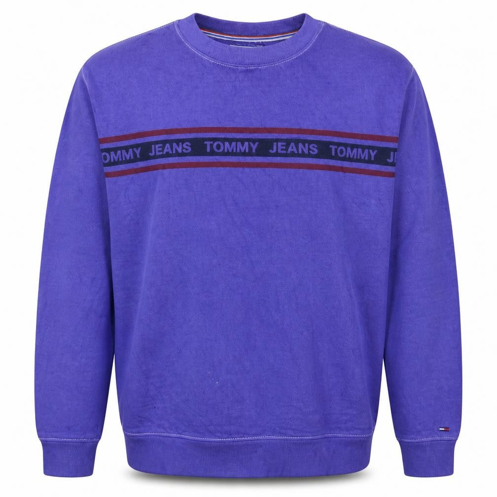 Front view of Tommy Jeans Men's Purple Logo Crew Neck Sweatshirt, size M