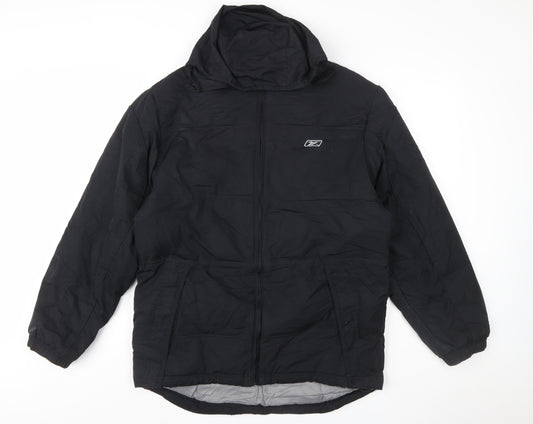 Reebok Men's Black Mid-Length Hooded Puffer Jacket Size M