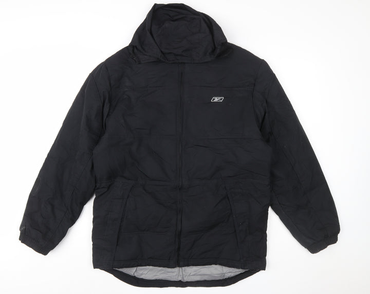 Reebok Men's Black Mid-Length Hooded Puffer Jacket Size M