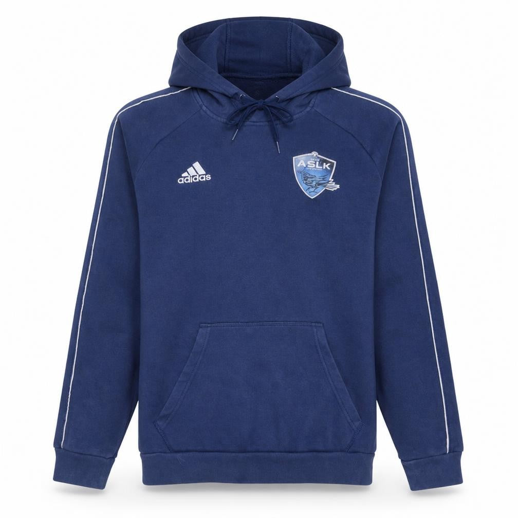 Front view of Adidas Men's Blue Pullover Hoodie Small Embroidered Sports Design