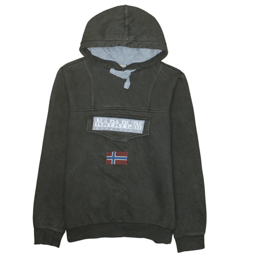 Napapijri Men's Grey Pullover Hoodie M Embroidered Logo Flag Design