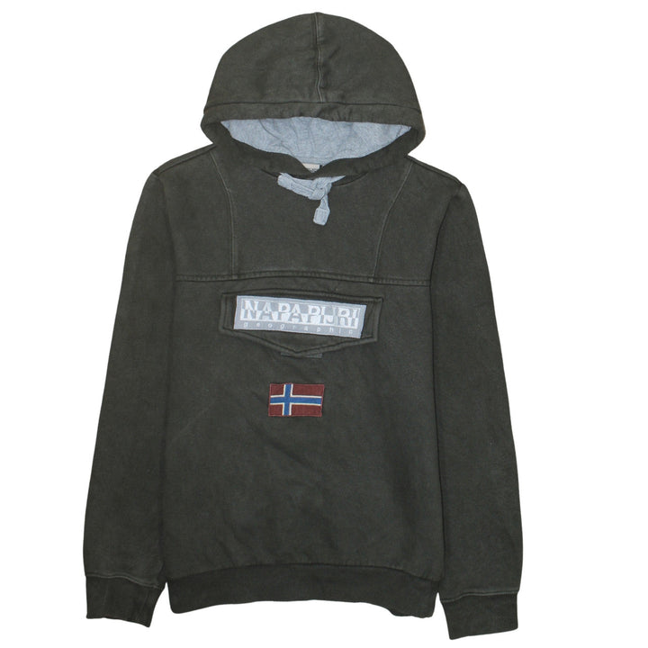 Napapijri Men's Grey Pullover Hoodie M Embroidered Logo Flag Design