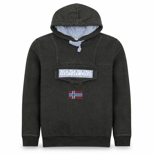 Front view of Napapijri Men's Grey Pullover Hoodie M Embroidered Logo Flag Design