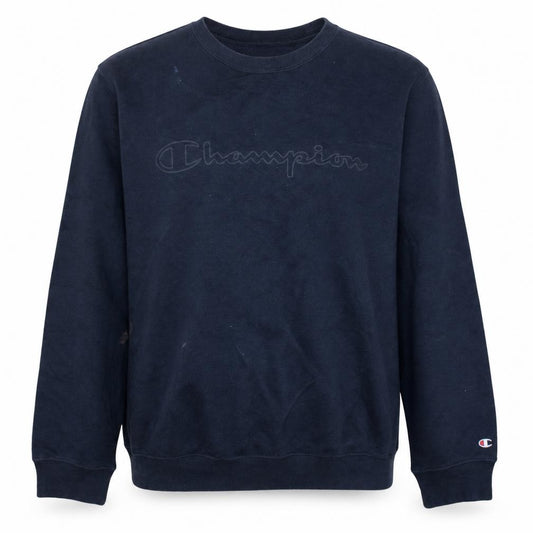 Front view of Champion men’s blue xl pullover crew neck sweatshirt