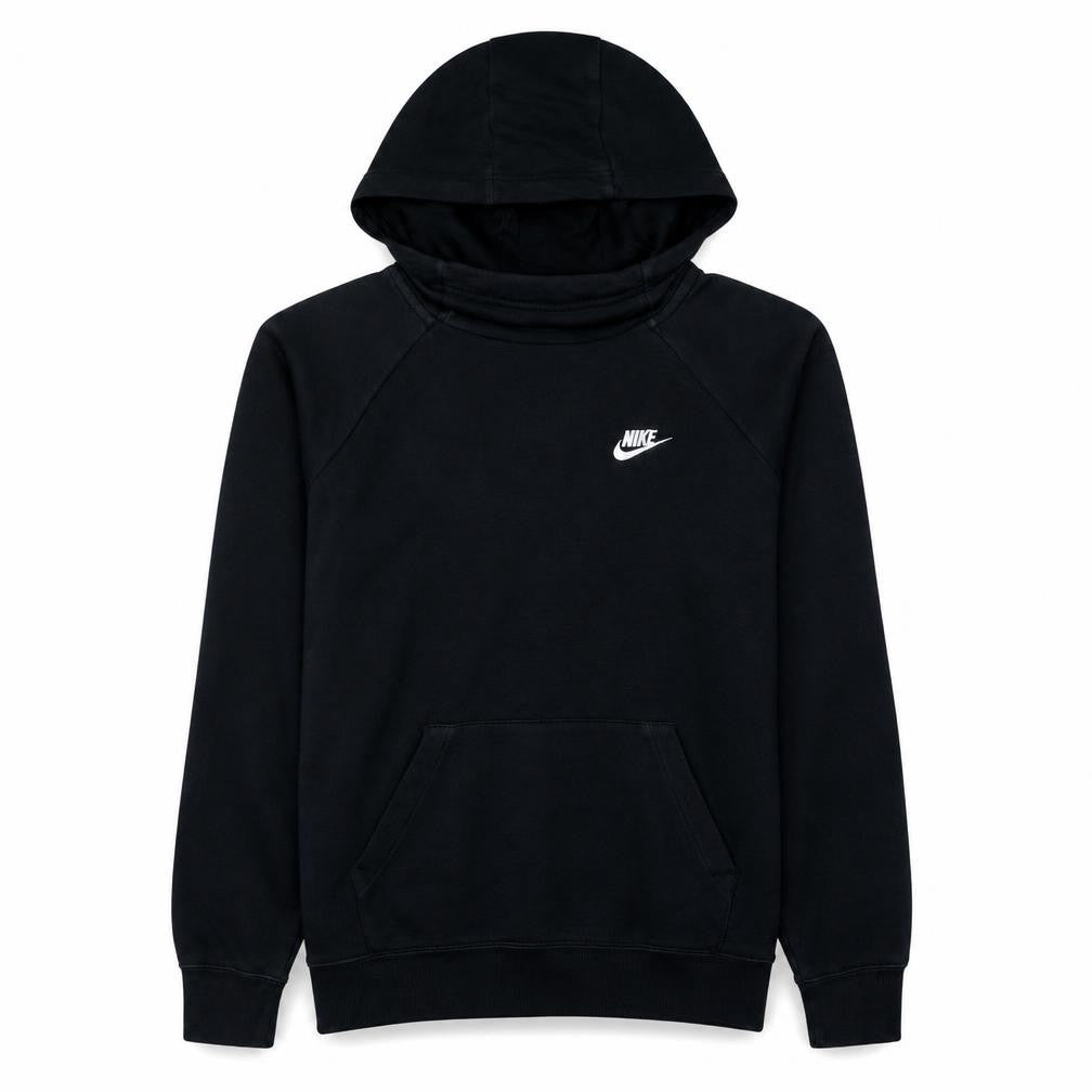 Front view of Nike Men's Black Pullover Hoodie, size M, Fleece Logo Sweatshirt