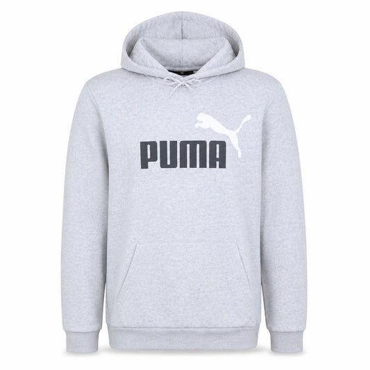 Front view of Puma Men’s Grey Pullover Hoodie, size M, Regular Fit Sportswear