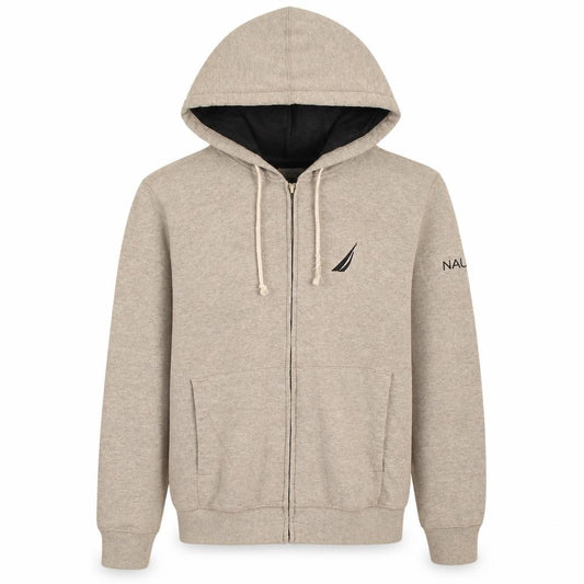 Front view of Nautica Men’s Beige Full Zip Hoodie XS Classic Logo Sweatshirt