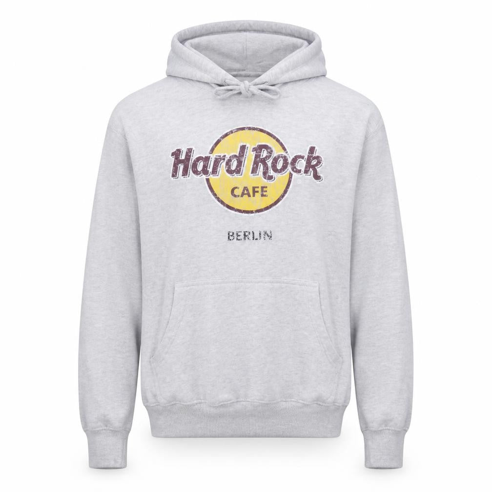 Front view of Hard Rock Cafe Berlin Grey Pullover Hoodie unisex small music logo