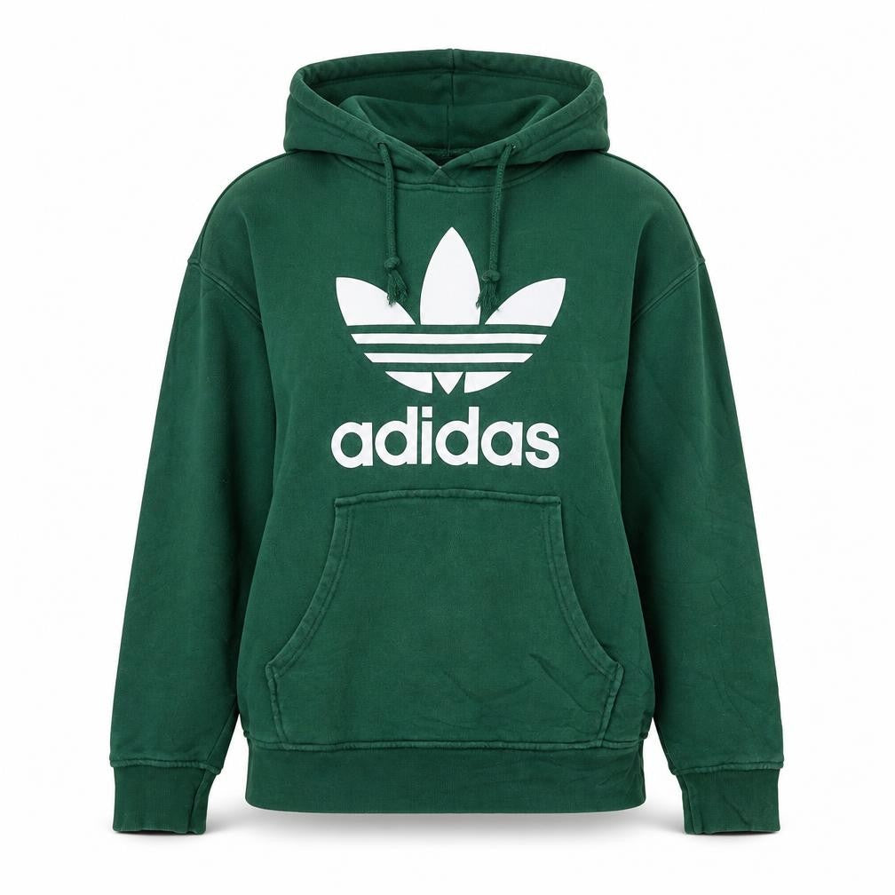 Front view of Adidas Women Green Pullover Hoodie, size S, Logo Print Cotton Blend