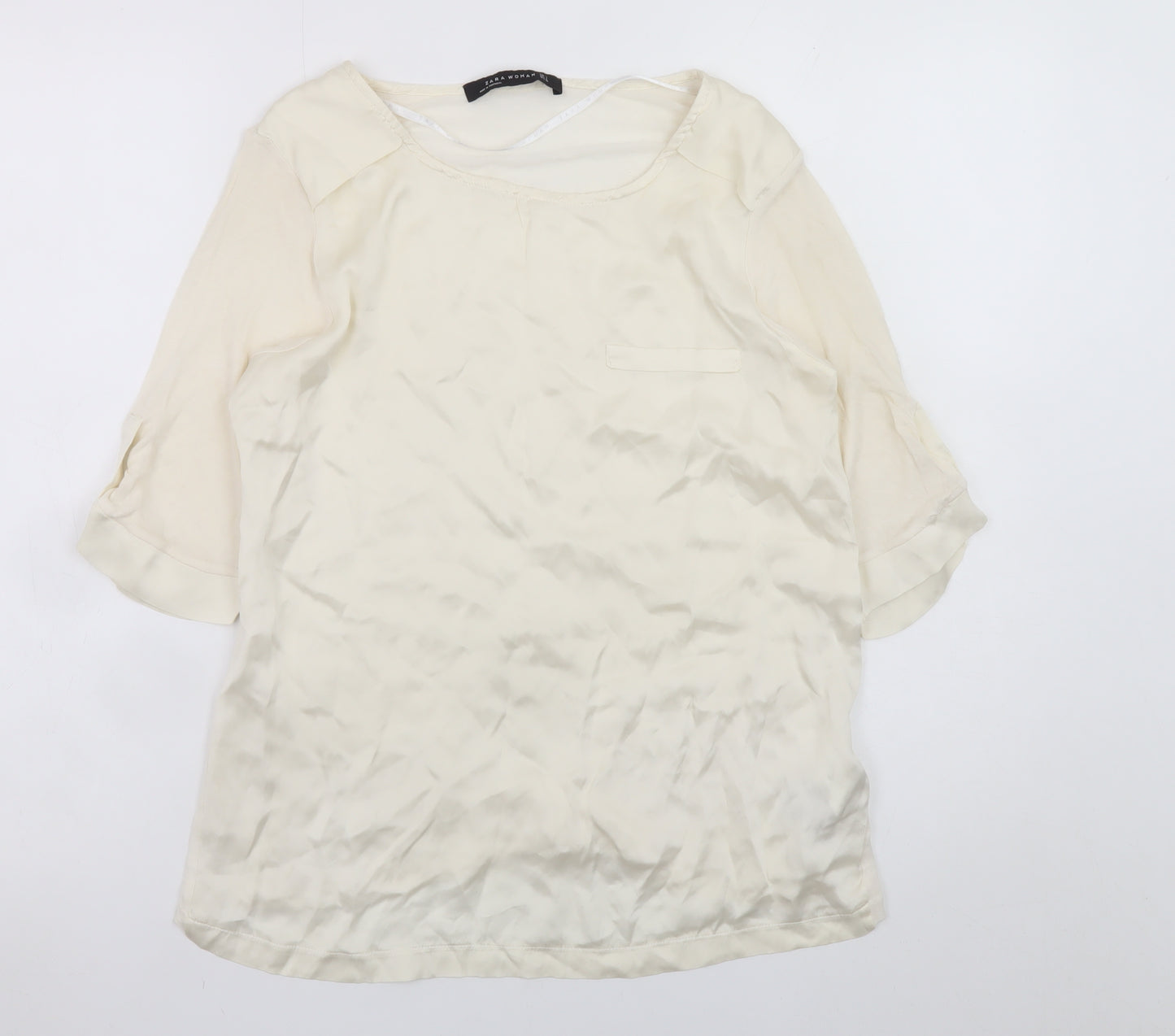 Zara Woman Ivory Silk Blend 3/4 Sleeve Blouse Size S