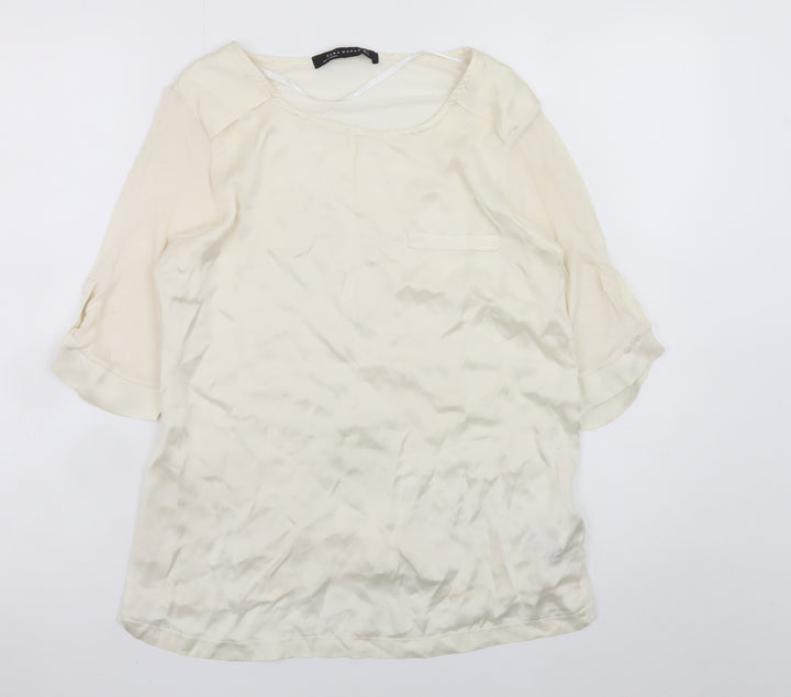 Zara Woman Ivory Silk Blend 3/4 Sleeve Blouse Size S