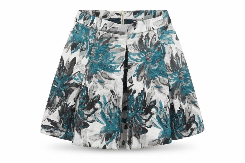 Front view of Yumi women’s multicoloured floral a-line short skirt, size UK 10