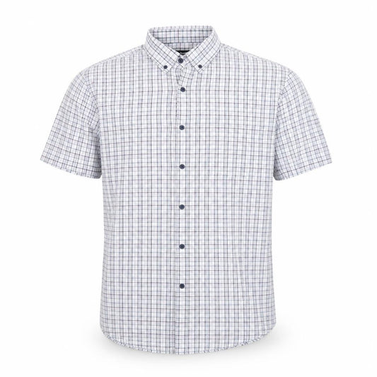 Front view of Dunnes Men's Blue Check Short Sleeve Button-Up Shirt, size L