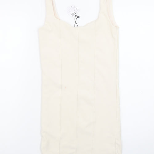 Stradivarius Women Ivory XS Bodycon Sleeveless Knit Short Dress
