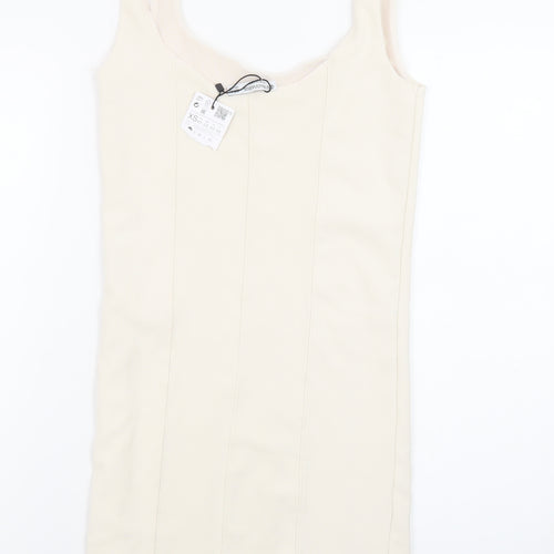 Stradivarius Women Ivory XS Bodycon Sleeveless Knit Short Dress