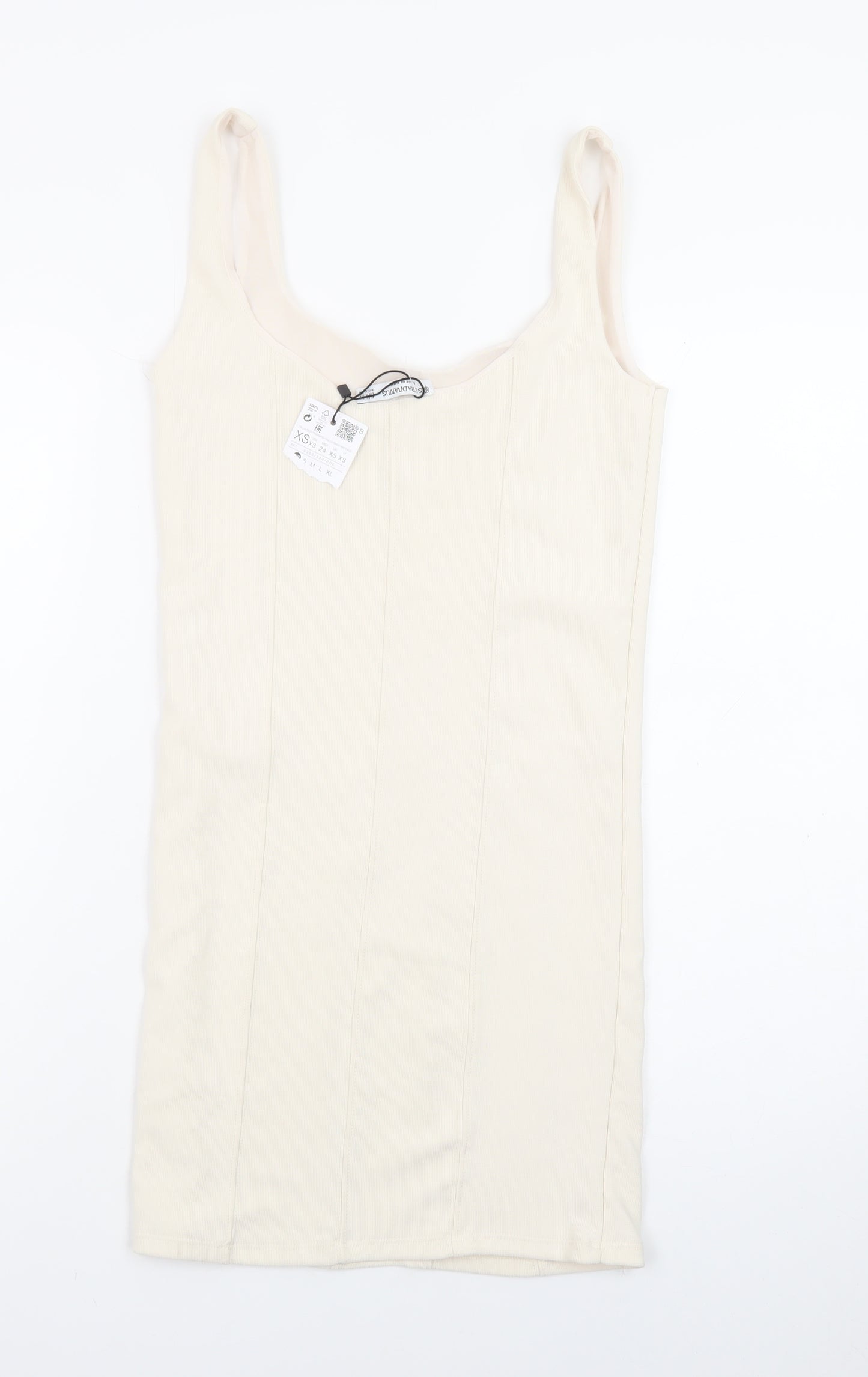 Stradivarius Women Ivory XS Bodycon Sleeveless Knit Short Dress