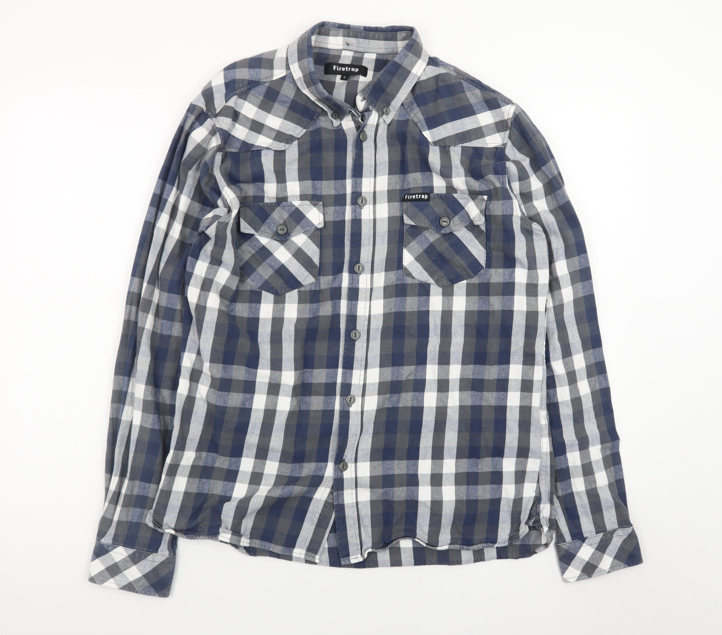 Firetrap Men's Blue Check Flannel Long Sleeve Button-Up Shirt L
