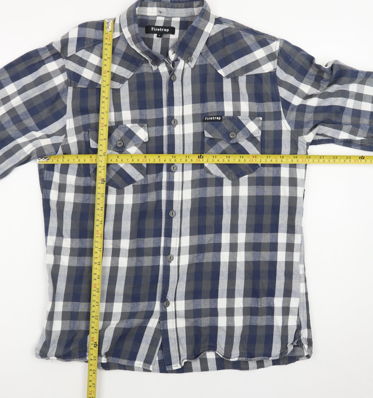 Firetrap Men's Blue Check Flannel Long Sleeve Button-Up Shirt L