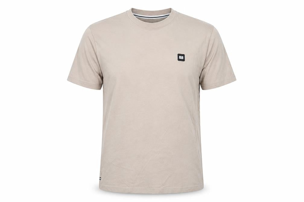 Front view of Weekend Offender Men's Beige Crew Neck Cotton T-Shirt, size M