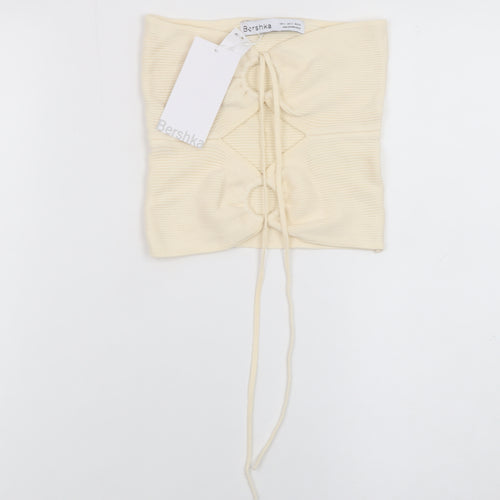 Bershka Women Beige Cropped Strapless Ribbed Tank Top Size S