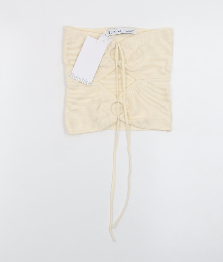 Bershka Women Beige Cropped Strapless Ribbed Tank Top Size S