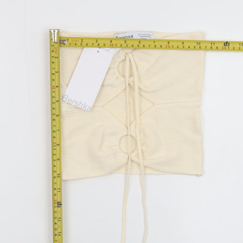 Bershka Women Beige Cropped Strapless Ribbed Tank Top Size S
