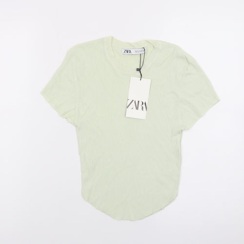 Zara Women Green Short Sleeve Ribbed Knit T-Shirt Size S