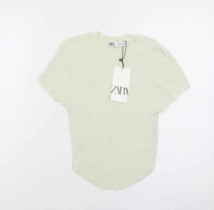 Zara Women Green Short Sleeve Ribbed Knit T-Shirt Size S