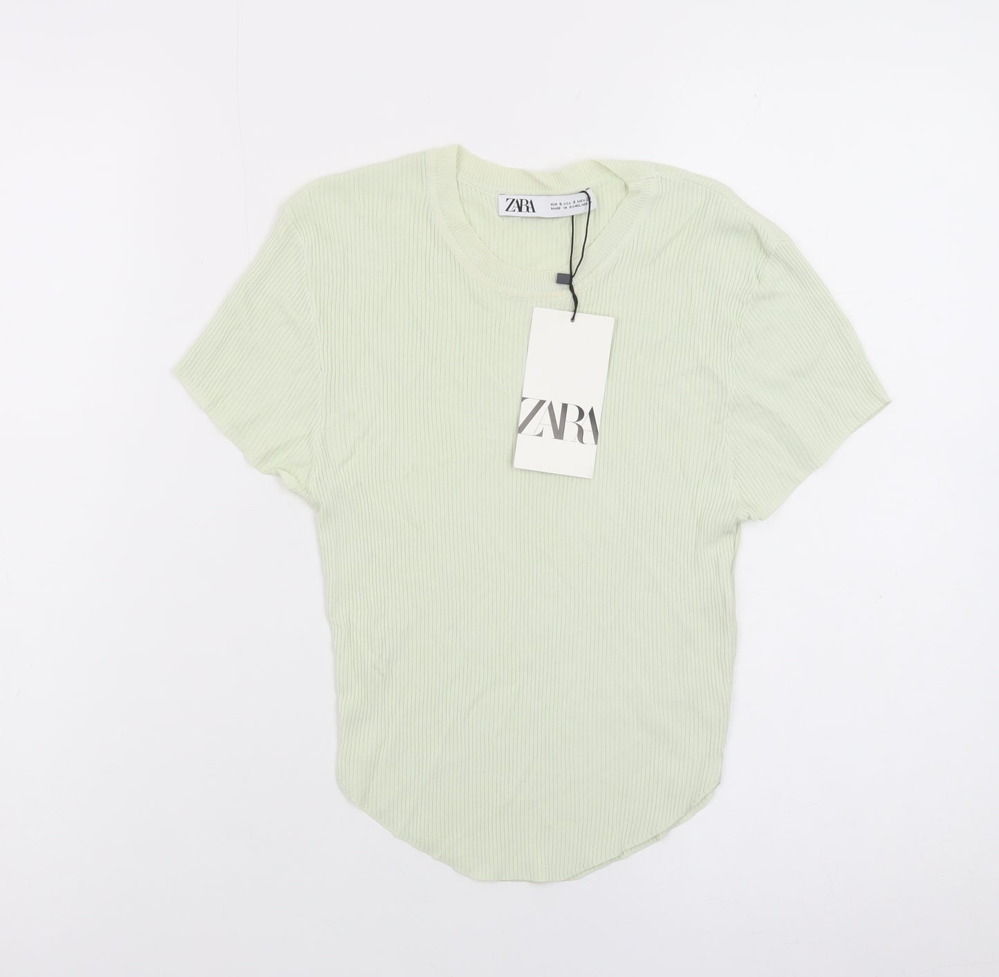 Zara Women Green Short Sleeve Ribbed Knit T-Shirt Size S