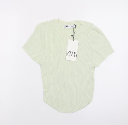Zara Women Green Short Sleeve Ribbed Knit T-Shirt Size S