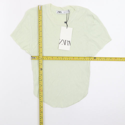 Zara Women Green Short Sleeve Ribbed Knit T-Shirt Size S