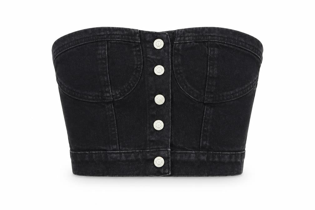 Front view of PRETTYLITTLETHING women’s black cropped denim strapless top s