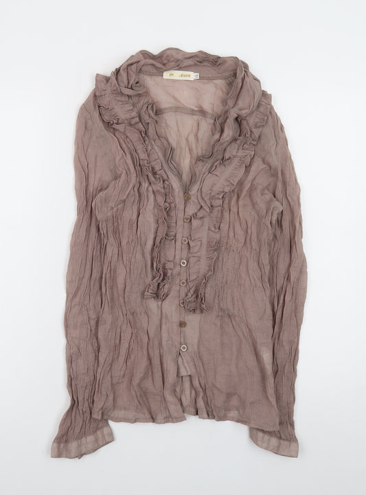 Pink Berry Women’s Brown Ruffle Long Sleeve Blouse L Cotton Blend